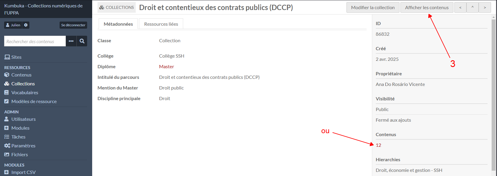 3. Cliquer sur Afficher les contenus ou sur le nombre de contenus